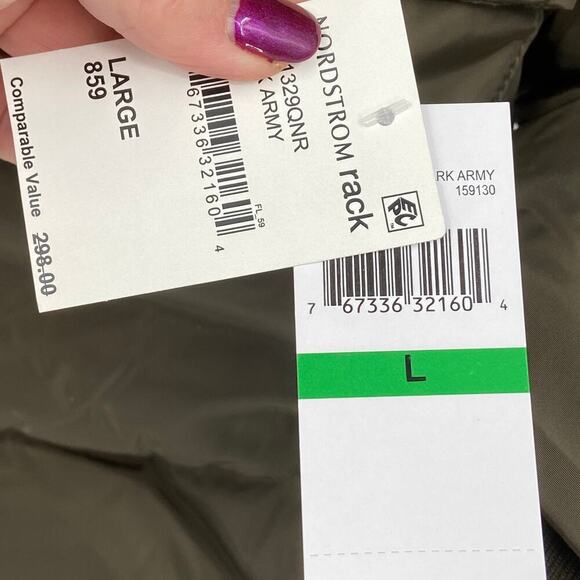 Lucky Brand Puffer Jacket Size L Parka Coat Quilted Fingertip Army Green Hooded - Picture 11 of 14